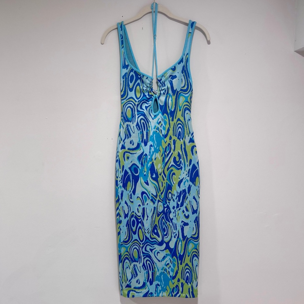 Zara Blue & Green Abstract Swirl Pattern Cutout Midi Dress - Small